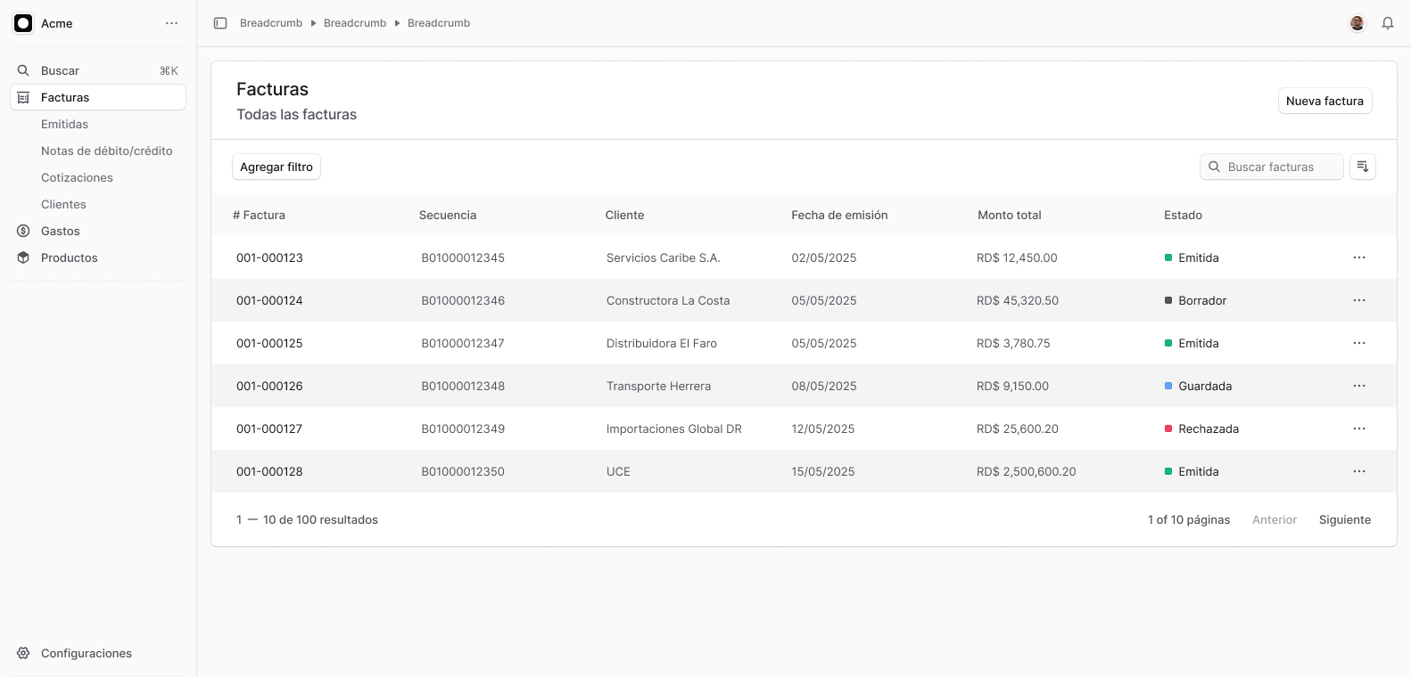 Vista de facturas emitidas en Becloud, con secuencia, cliente, monto total y estado.